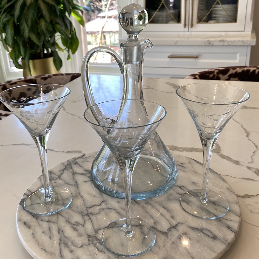 Vintage Glass Etched Carafe with Stopper and 3 Etched Martini Glasses